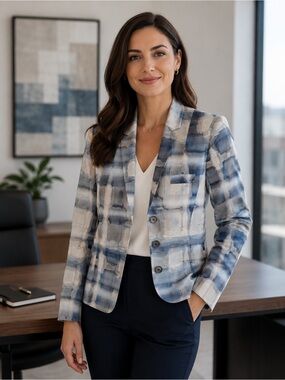 Cara Lotti Blue and White Blazer with Abstract Pattern